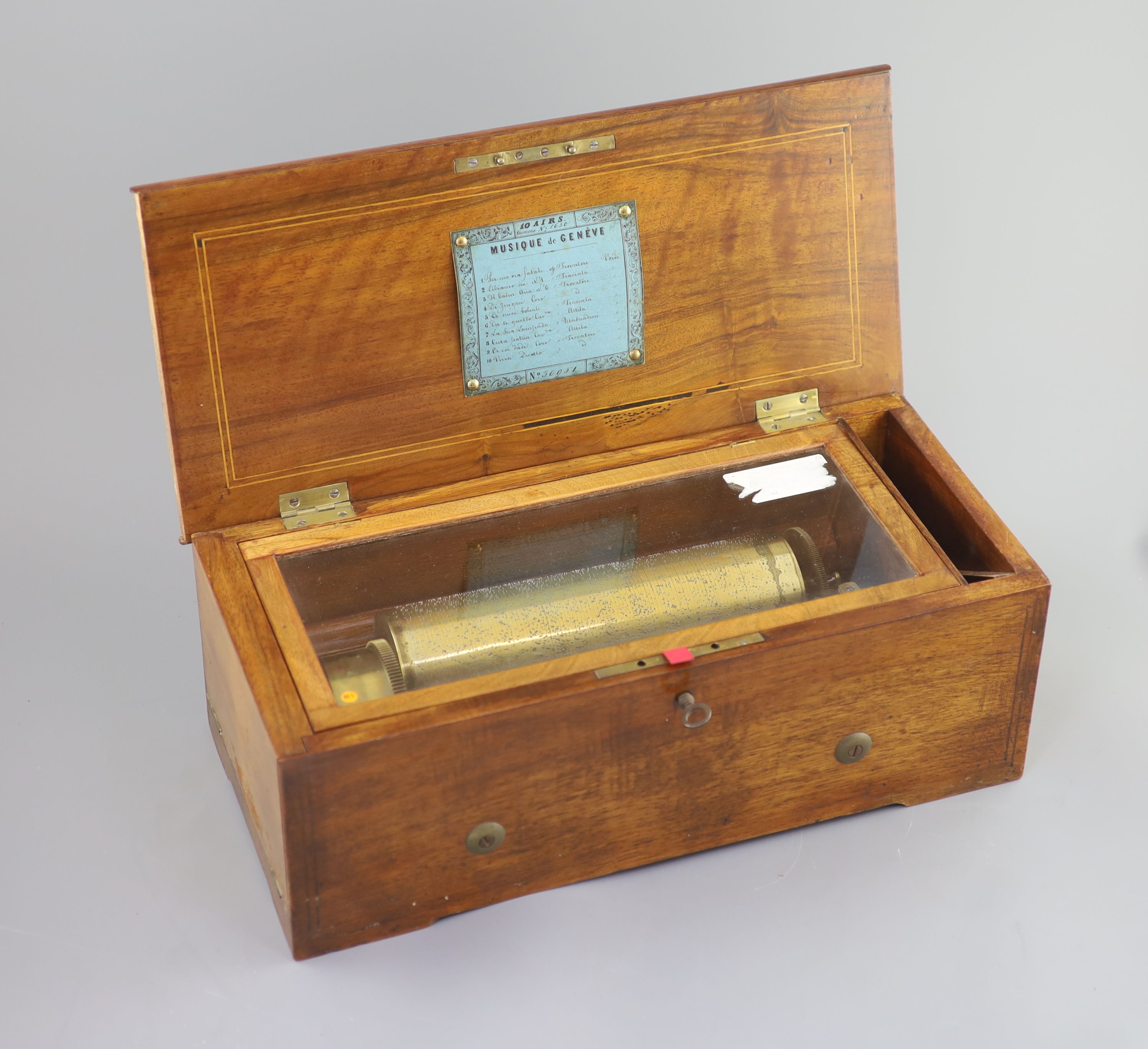 Nicole Freres, Swiss mahogany cased and rosewood veneered cylinder music box, 19th century 44cm wide, 20cm deep, 16cm.